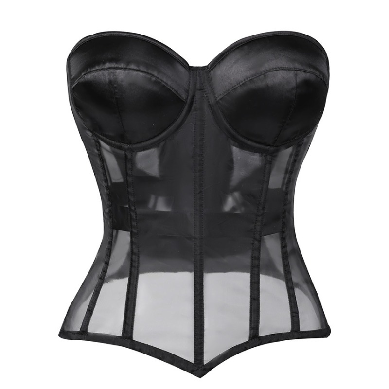 Corset Waist Cinch - Black Strapless Mesh See-Through Corset Women