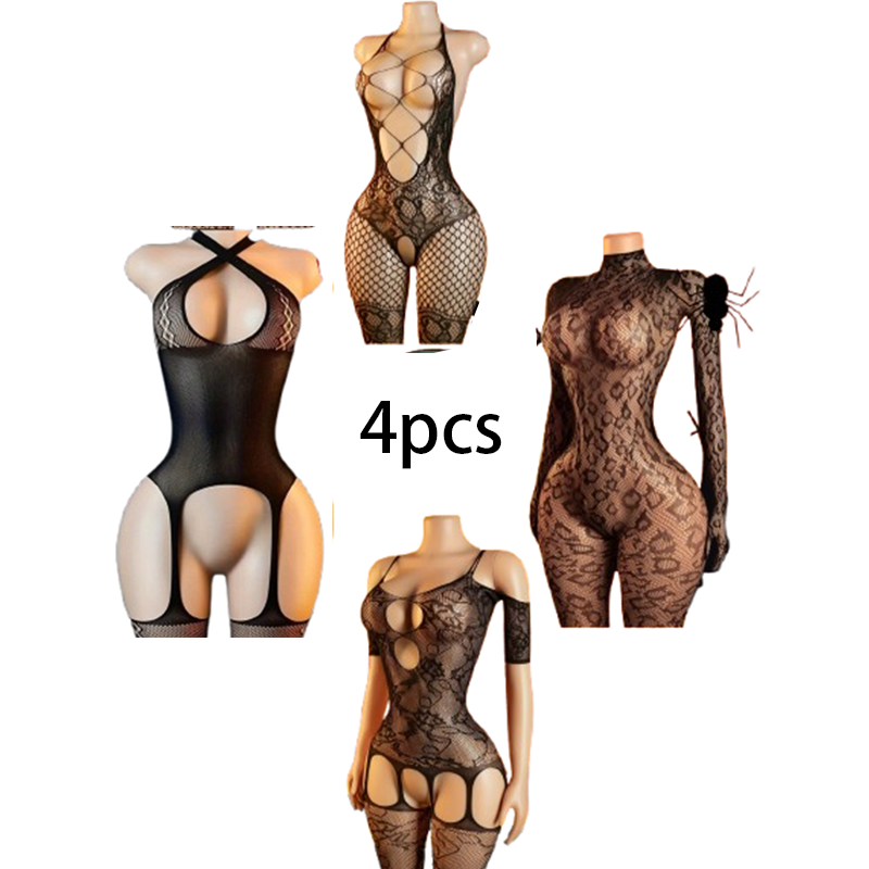 4-Piece Sexy Lingerie Set: Wom - Bodystocking Fishnet 评论和价格