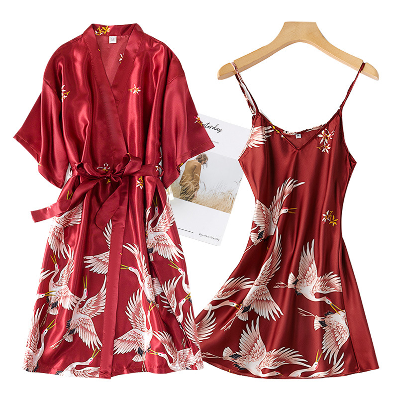 Burgundy Women 2PCS Faux Silk  - Robe Silk Women 评论和价格